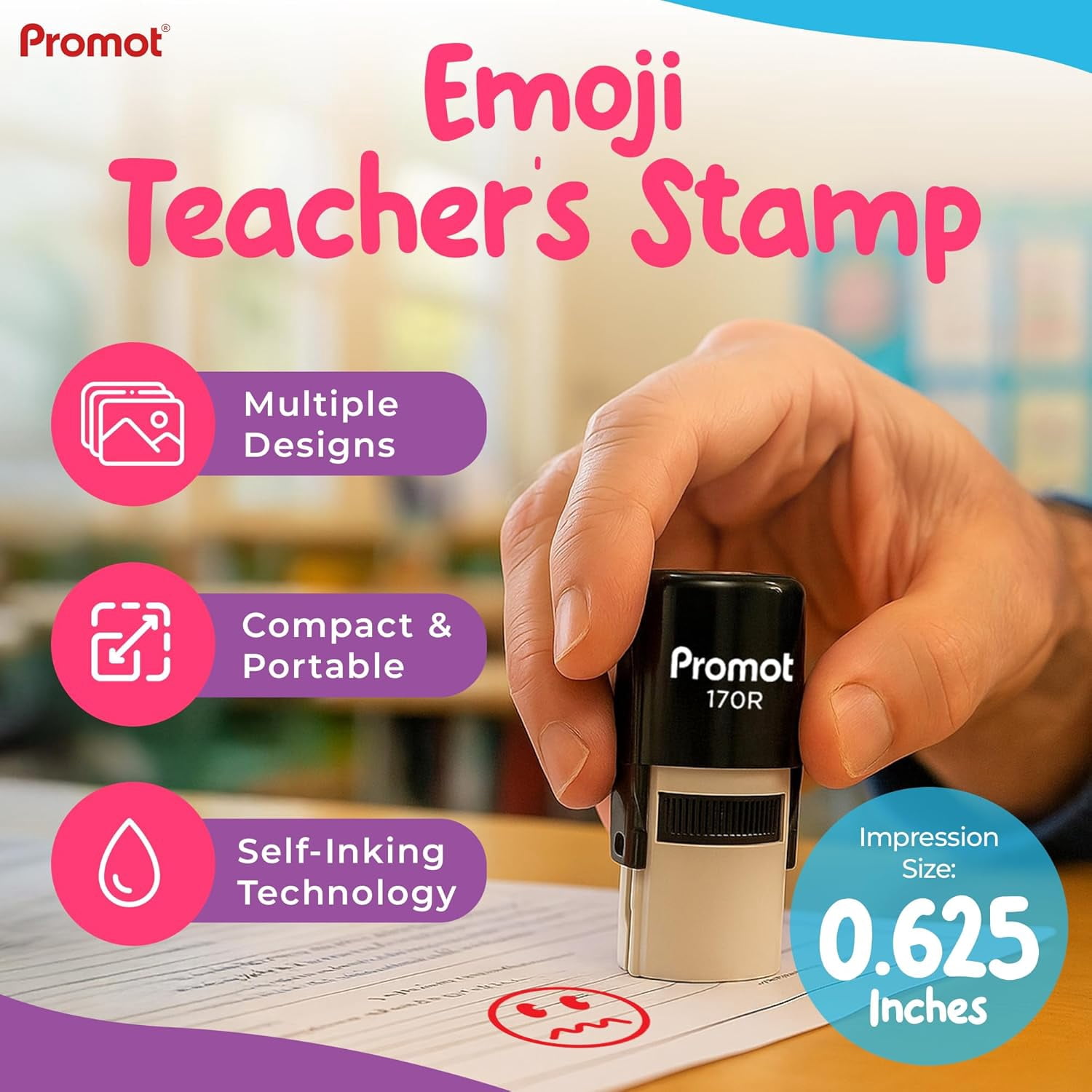Promot Round Teacher Self-Inking Stamp for Grading & Feedback (Smiley Squiggly Mouth Red)