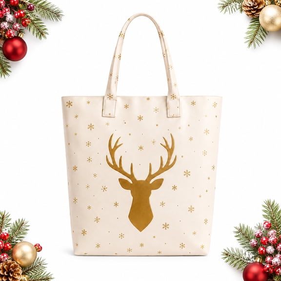 Fmbmuo Christmas Large Tote Bag for Women, Handbag Organizer Reindeer Cream Gold Deer Snowflake Print, Festive Carryall Shoulder Bag