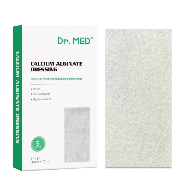 apósito de alginato de calcio dr. med 10x20 cm 5 unidades caja blanca y verde con logo Dr. Med, vista frontal y apósito rectangular texturizado 10 x 20 cm mostrado a la derecha, empaque individual en la caja y indicado para exudado moderado a severo y cicatrización de heridas.