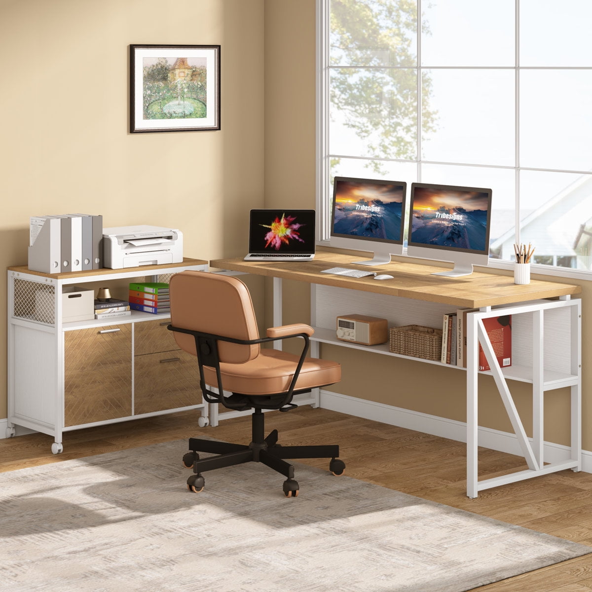 Tribesigns L-Shaped Executive Desk And Lateral File Cabinet (Oak Brown and White）