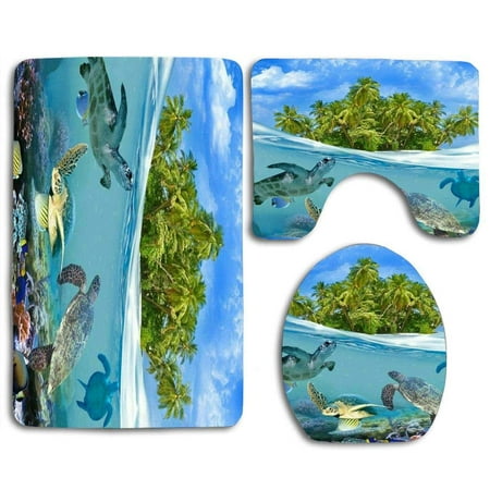 Sea Turtle Bathroom Rug PUDMAD Island Aqua Sea Turtle 3 Piece Bathroom Rugs Set Bath Rug Contour Mat and Toilet Lid Cover ()