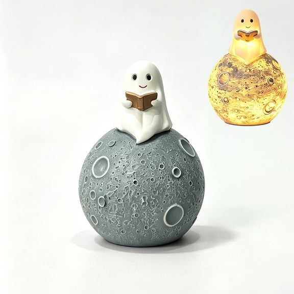 Halloween Cute Ghost Moon Reading Lamp Figurine, LED Ghost Book Light Resin Tabletop Decoration, Creative Night Light Ornament for Desk Shelf Bedroom Home Party Decor Gift