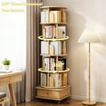 thumbnail image 2 of 6 Tier Rotating Bookshelf with Brake Wheels, 360° Display Round Spinning Bookshelf with Drawer and wraparound baffle for Bedroom, Living Room, Home, Small Space, Wood Color, 2 of 8