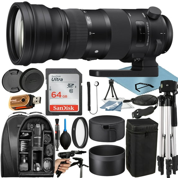 Sigma 150-600mm F/5-6.3 DG OS HSM Sports Lens for Nikon F with 64GB SanDisk Memory Card + Tripod + Backpack + A-Cell Accessory Bundle