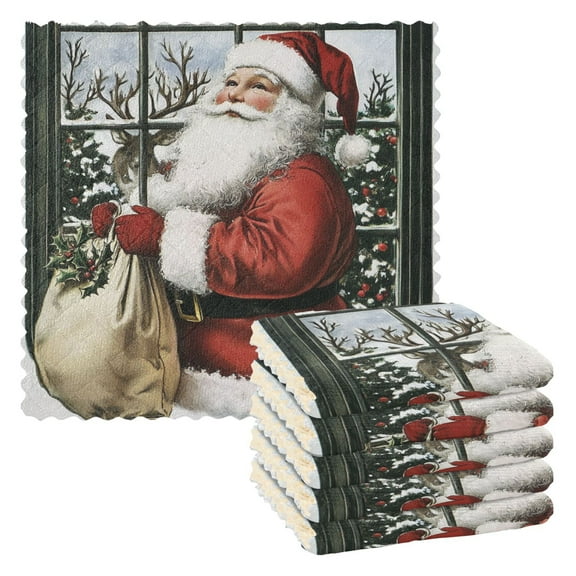 Vintage Christmas Card Kitchen Cloth Dish Towels for Drying Washing Absorbent Dish Rags 6 Pack
