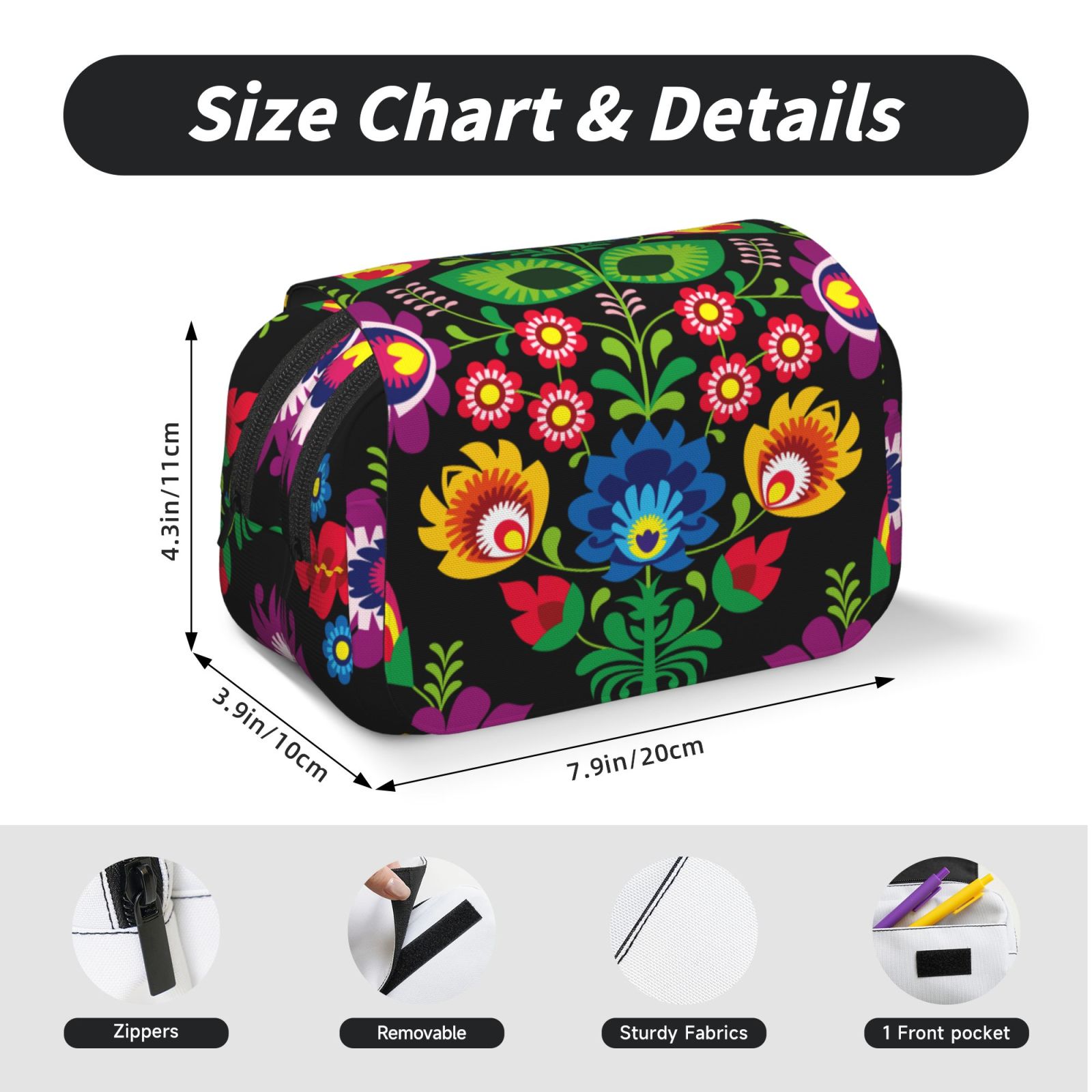 Rateoe Traditional Floral Polish Pattern Double Clamshell Pen Case, Storage Organizer with Two Zipper Compartments– Holds Up to 50 Pencils & Pens