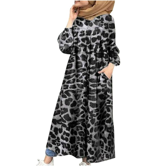 Robe Maxi en Coton et Lin pour Femmes Manches Longues Boutonnée Plissée Imprimé Tendance Décontractée Poches Longue Robe