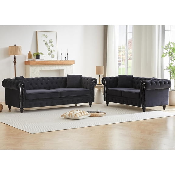 YWEN 2 Piece Living Room Sofa Set, Velvet Button Tufted Couch and Loveseat Set with Nailhead Trim&Roll Armrests, Mid Century Modern Chesterfield Sofa for Living Room, Office(Black)