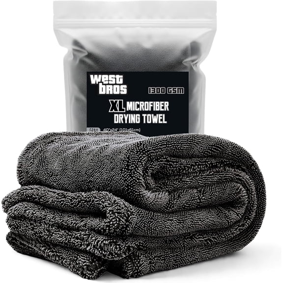 Microfiber Car Drying Towel 1300 GSM Double Twisted Loop – Premium Extra Large Auto Wash Towel for Cars Trucks SUV - Super Absorbent Detailing Cleaning Cloth XL 40x24 1-Pack (Gray)