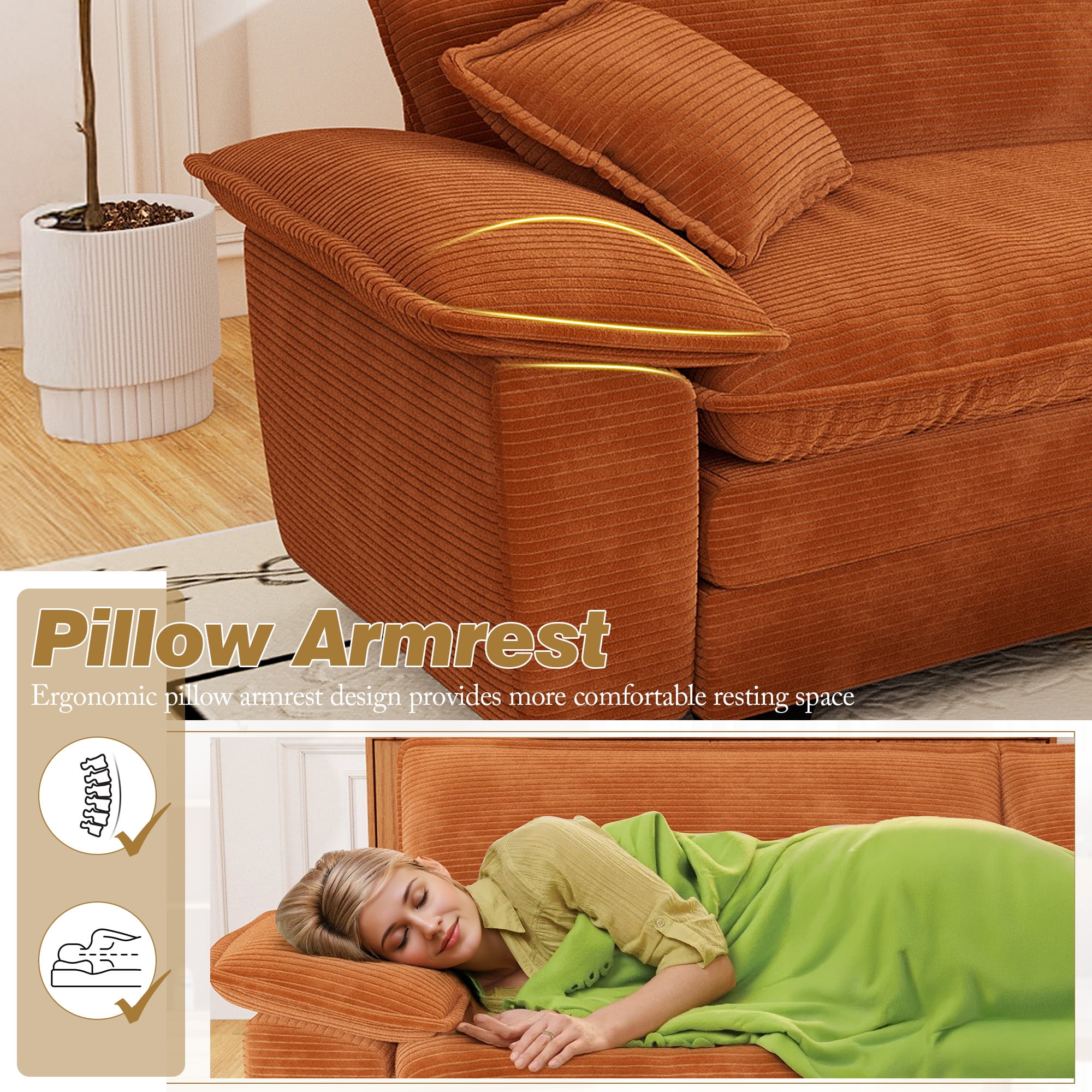 Muumblus 80.5" Corduroy Loveseat Sofa, Oversized Upholstered 2-Seater Fluffy Cloud Sleeper Couch for Living Room/Apt, Orange