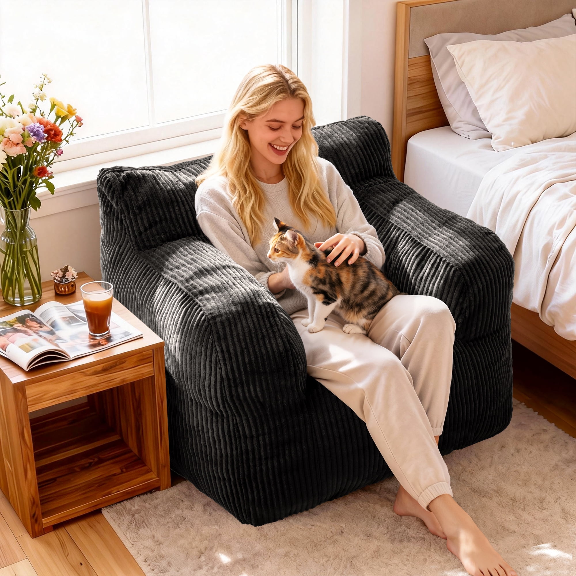 Foam Filled Bean Bag Chair, Plush Corduroy Lazy Sofa