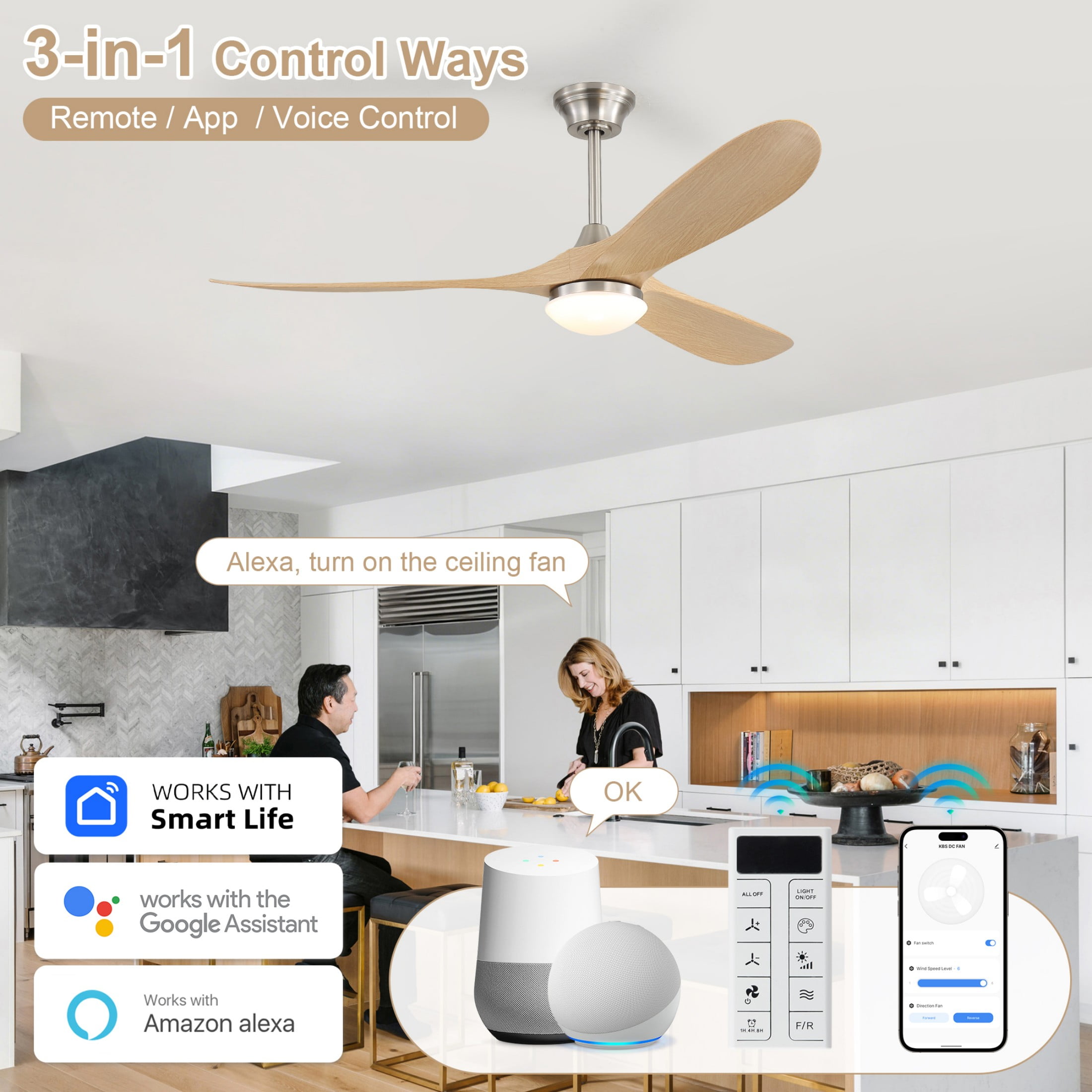Sofucor 60 Inch Ceiling Fans with Light Compatible with Alexa/Google/App 3 Blades Reversible DC Motor Timer for Kitchen Bedroom Living Room Dining Room Farmhouse (burlywood)