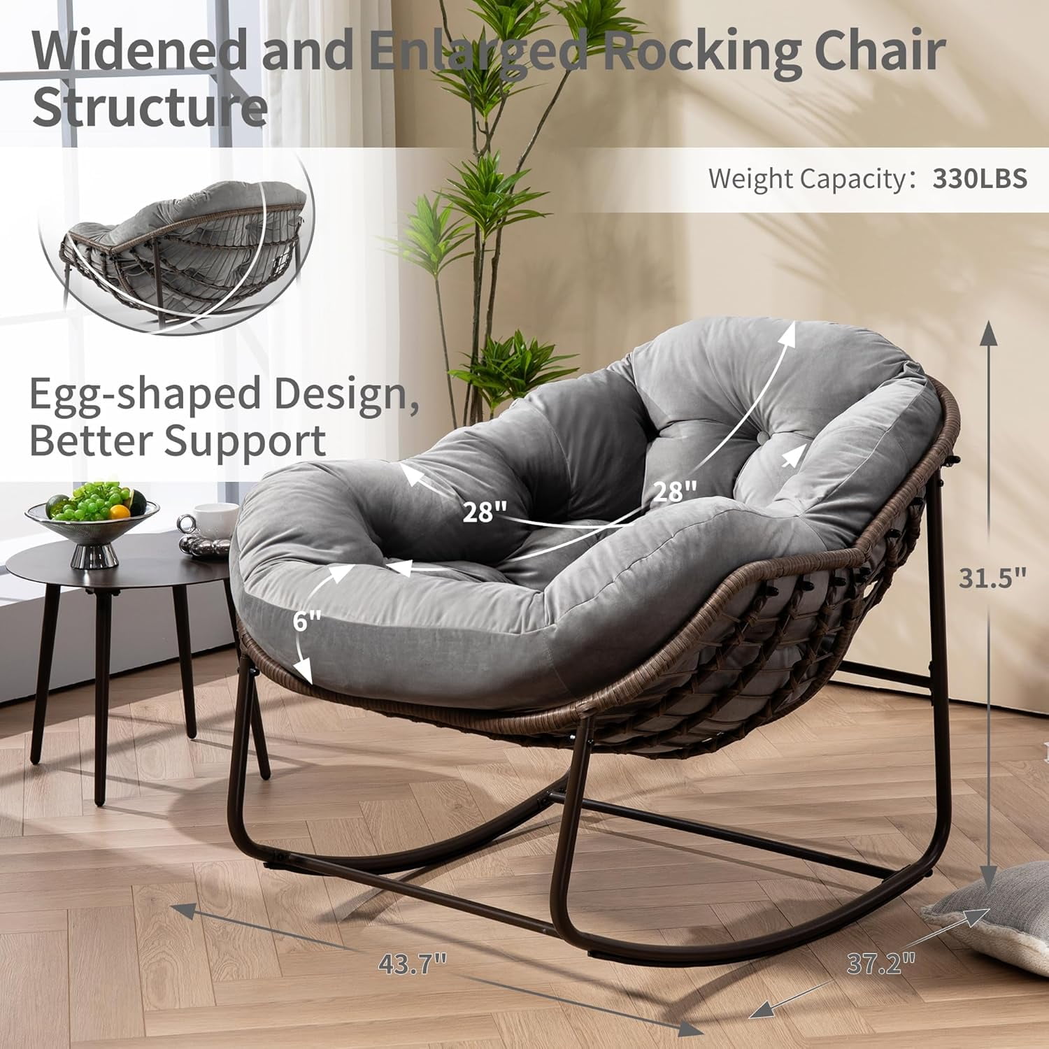 MOONMISS Outdoor Patio Rattan Oversized Rocking Chairs Set of 2 with Velvet Padded Cushion-Light Gray