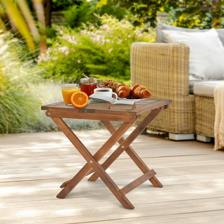 Ktaxon 18 Acacia Wood Folding Bistro Side Table Square End Table with Slatted Tabletop Portable Table for Backyard Poolside Camping Picnic