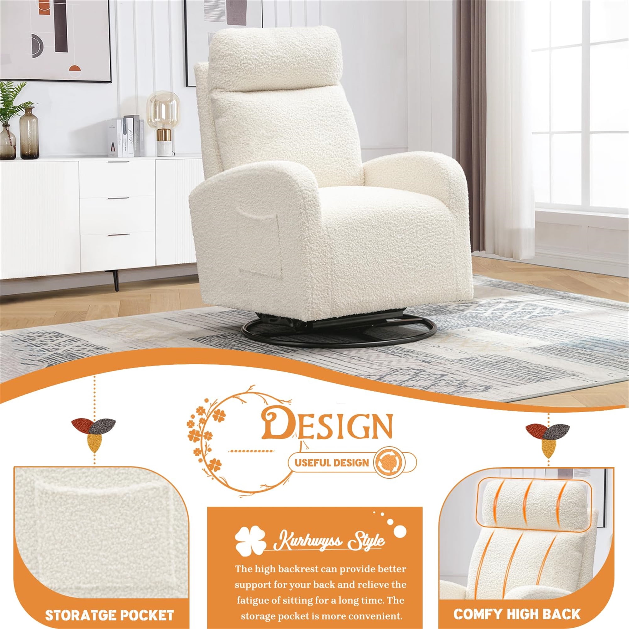 Aukfa Swivel Glider Chair for Nursery, Modern High Back Rocker Chair w/ Storage, Teddy Fabric, White