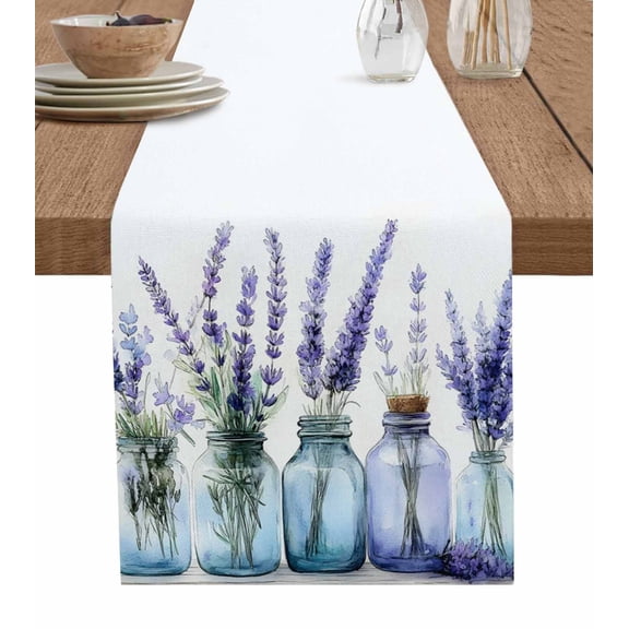Purple Flowers Table Runner 60 Inches, Watercolor Botanical Floral Bottle Plant Bed Runner Dresser Scarves Tabletop for Indoor Outdoor Parties/Ceremony/Banquet, 13" x 60"