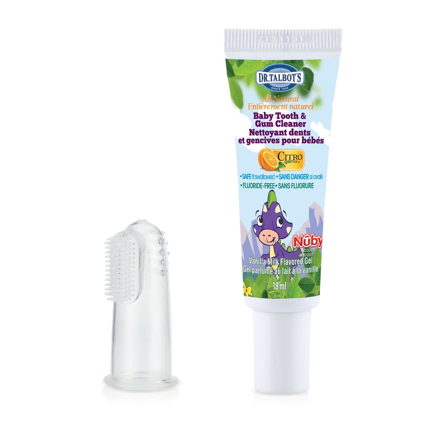 Nettoyant pour dents et gencives pour bébés Sans flurore avec Citroganix™ avec masseur buccal de Nuby Entièrement naturel