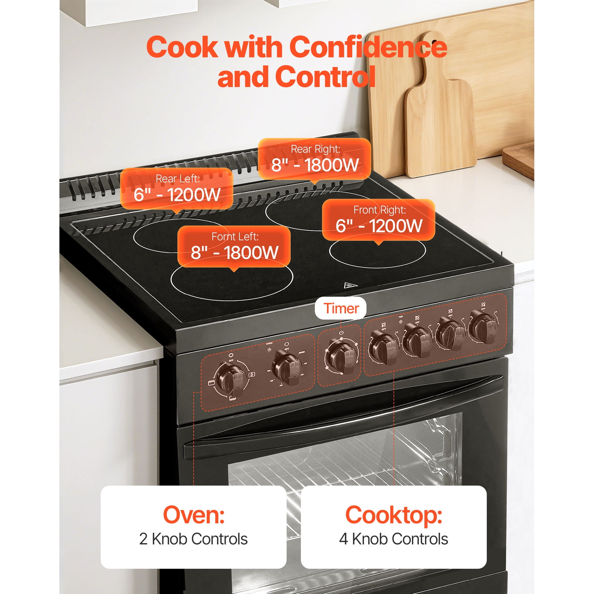KFFKFF 24-inch Electric Range Oven, 2.7 Cu. Ft. Compact Freestanding Design, Stainless Steel Finish, Features 4 Burners, Adjustable Racks, Storage Drawer, Black (No power cord)