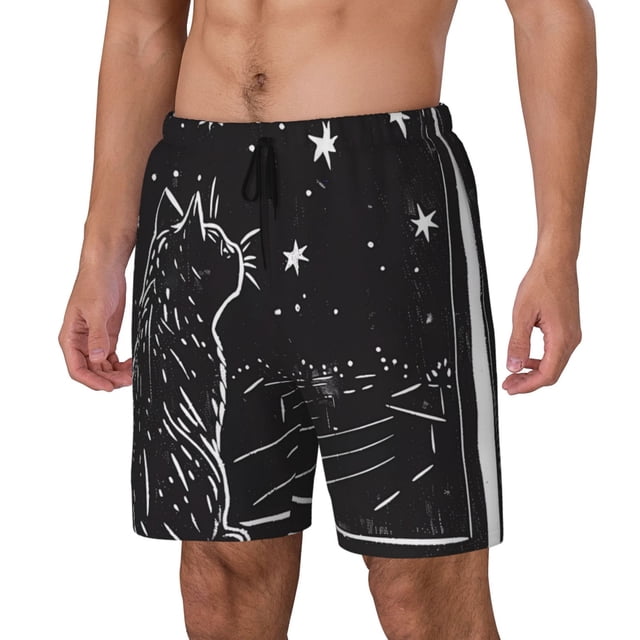 Balery Star Gazing Cat Illustration Bañador para hombre, shorts de playa de secado rápido con entrepierna y forro de compresión-3X-Large