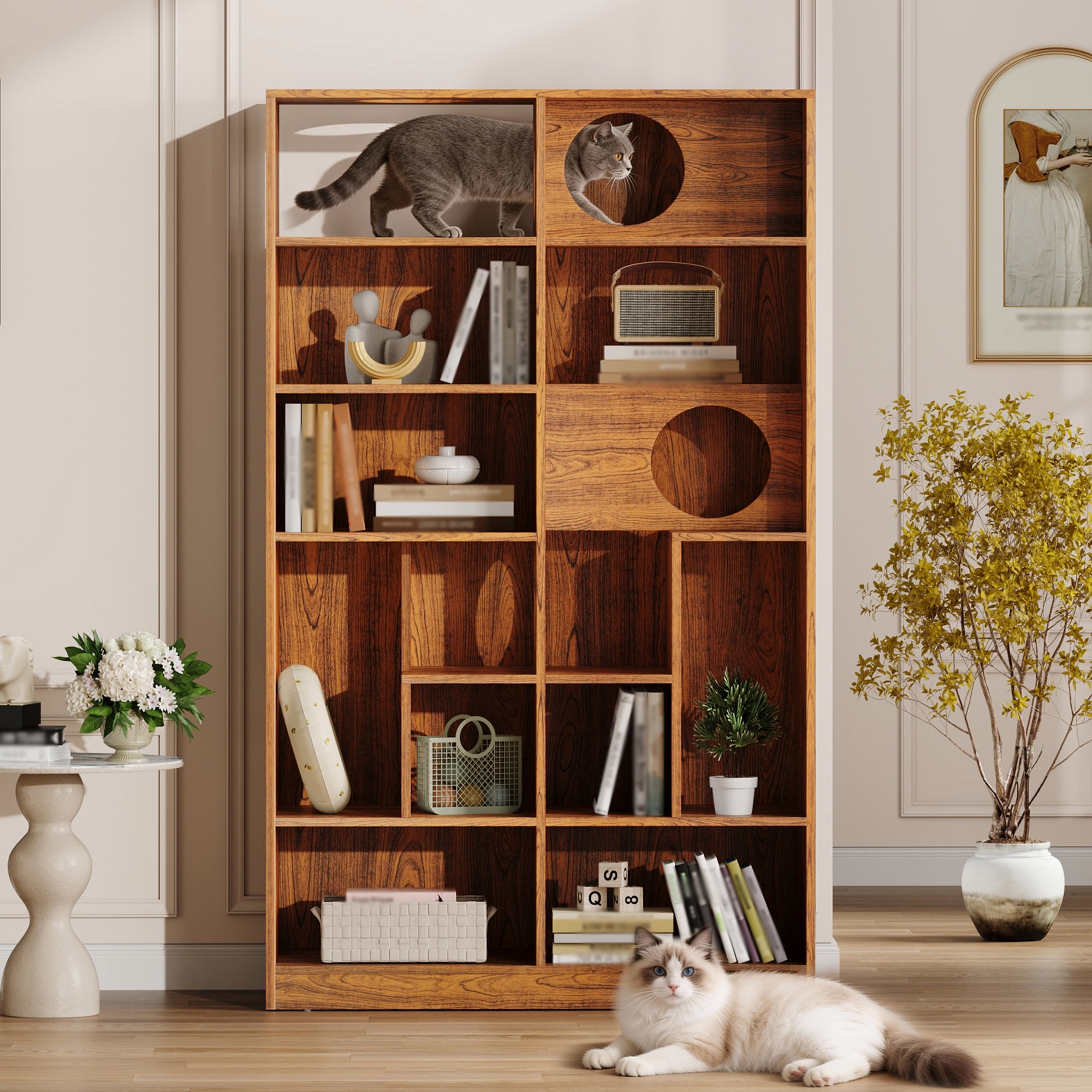 Euroco 2 in 1 Wood Bookshelf Cat House, Modern Cat Tree Display Case with Storage,Built-in Cat Houses and Pass-Through Cat Holes,Cat Litter Box Enclosure Climbing Shelf,Brown