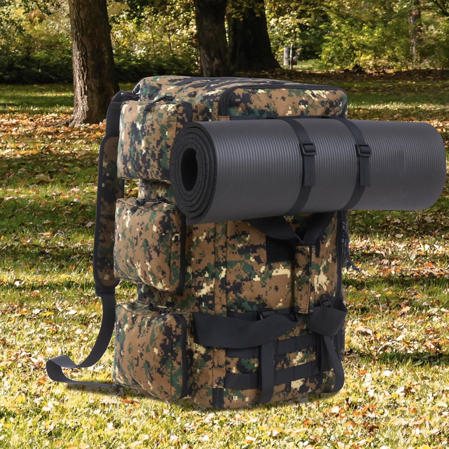 LuckySunDecorQZ 55L luggage bag with compartments and straps, suitable for men, large-sized sports and fitness luggage bag, suitable for weekend travel and camping (Camo Tan)