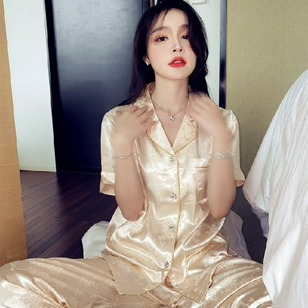 

DanceeMangoo 2 Pieces Faux Silk Satin Pajamas Set Summer Autumn Women Sleepwear Short Sleeve Nightwear Comfortable Skin-friendly Sleepsuits