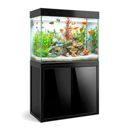 50 Gallon Modern Glass Aquarium with Built-In Sump Filter, Aluminum Stand Cabinet, LED Lighting and Integrated Plumbing System