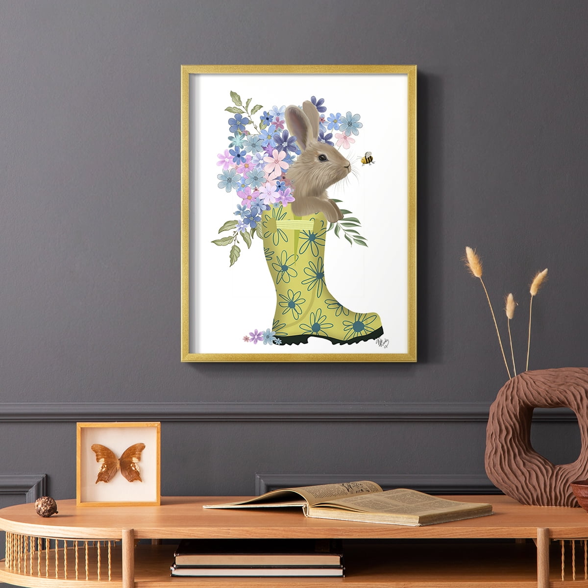 Welly Bunny And Bee Framed Print in Gold Solid Wood 11 x 14 Framed Print