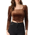 thumbnail image 1 of Top corto de terciopelo de manga larga para mujer Blusa informal con cuello cuadrado marrón S, 1 of 6