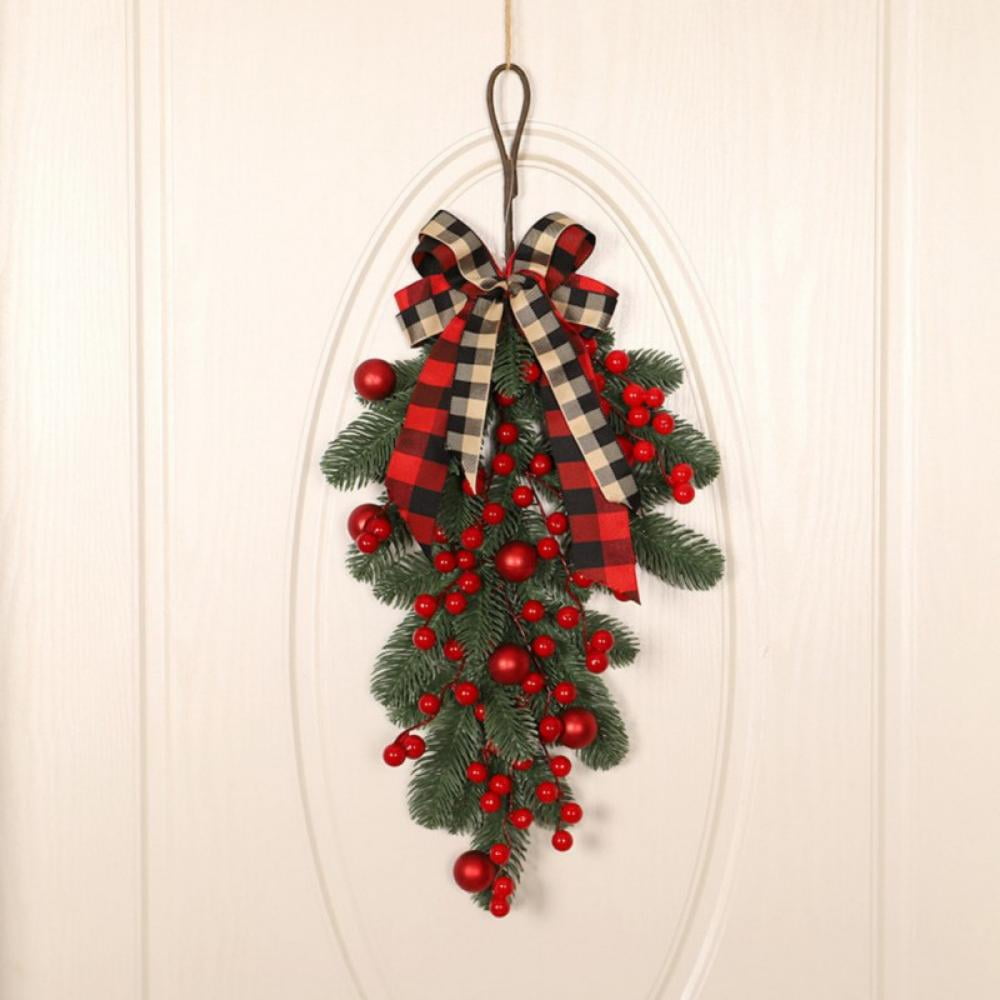 Décor De Porte Noël Artificiel - Swag Avec Baies Rouges Et Ruban, 58x30 Cm | Pour Porte D'entrée, Fenêtre, Cheminée
