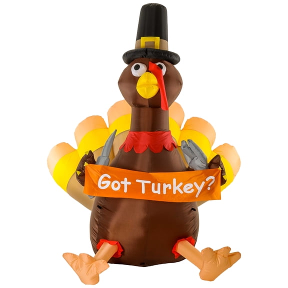 Christmas Masters Huge 7 Foot Inflatable Thanksgiving Turkey with Pilgrim Hat, Got Turkey Sign with Knife and Fork LED Lights Indoor Outdoor Yard Lawn Decoration - Fun Autumn Holiday Harvest Blow Up