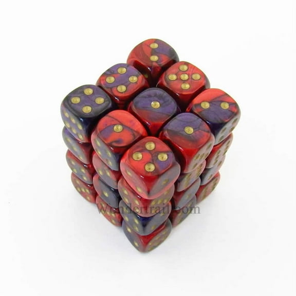 Purple and Red Gemini Dice with Gold Pips D6 12mm (1/2in) Pack of 36 Chessex