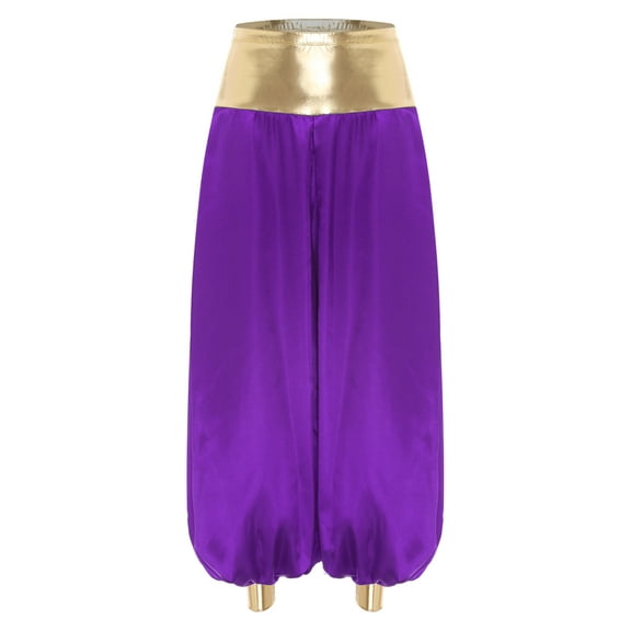 renvena High Waist Silky Satin Arabian Harem Pants for Women for Rave Halloween Cosplay Dancewear Purple S