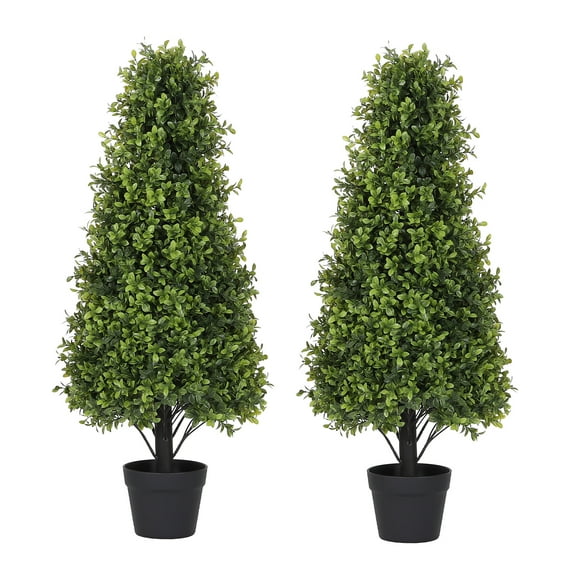 Poetree 3ft Artificial Topiary Tree 2 Pack Faux Boxwood In Black Plastic Pot Set of 2 for Indoor Outdoor Home Office Decor