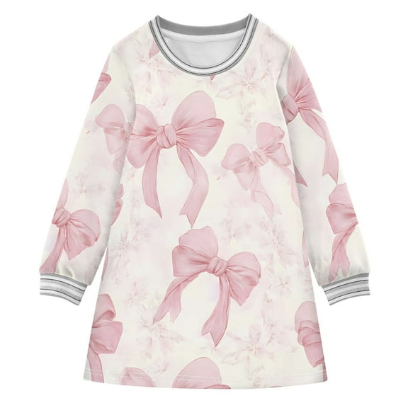 Girls' long-sleeved dress Bow Knot Pink Girls' A-line dress with ribbed cuffs Soft and comfortable