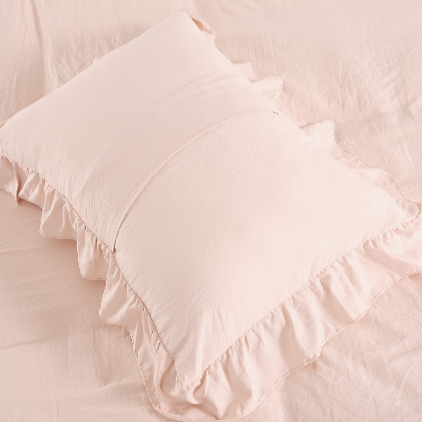 Ruffle Duvet Cover King Size, 3PCS Soft Washed Microfiber Vintage French Country Duvet Cover Set with Button Closure, Pink, 104x90 in