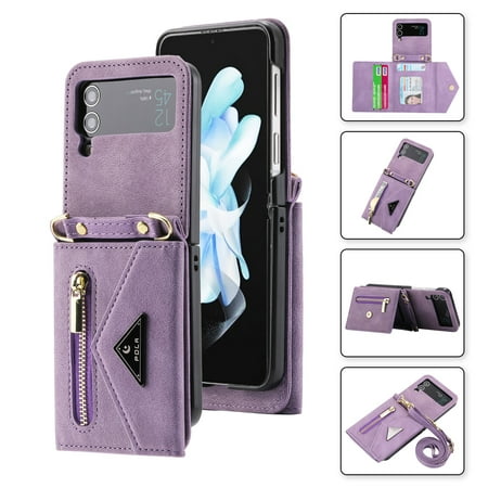 Frusde Compatible with Samsung Galaxy Z Flip 4 Wallet Case with Lanyard Strap Leather Crossbody Shockproof Case for Women-Purple