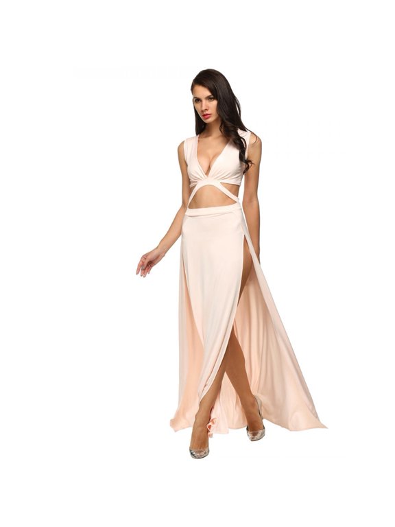 Fashion Women Maxi Dress Sexy Deep V-Neck Sleeveless Hollow Out Both Side Split BETT