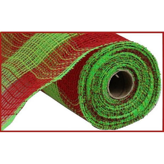 Faux Jute & Large Check Deco Mesh, 10.5 Inch x 10 Yards (Red, Fresh Green)