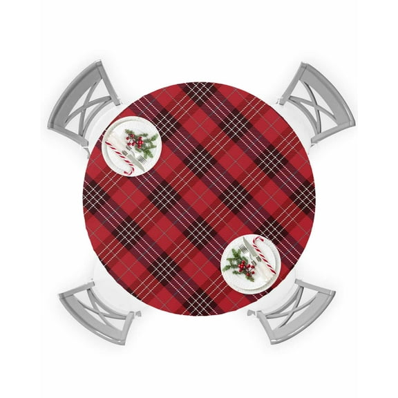 Round Tablecloth with Elastic Christmas Red Buffalo Check Plaid Waterproof Stain-proof Table Cover Wipeable Fitted Table Cloths for 36"-44" Round Tables Dining Kitchen Indoor Outdoor Use
