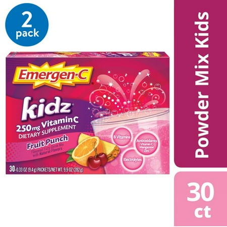 (2 pack) (2 pack) Emergen-C Kidz Vitamin C Drink Mix, Fruit Punch, 250mg, 30 Ct