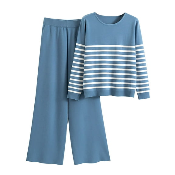BLVB Womens 2 Piece Sweater Sets Fall Winter Striped Long Sleeve Knit Tops and Wide Leg Pants Lounge Sets