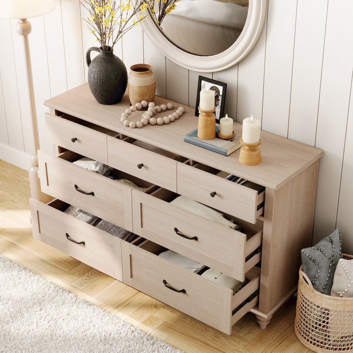 Farmhouse Dresser with 7 Drawers, Wooden Kids Dresser for Kids Room Living Room, Light Oak