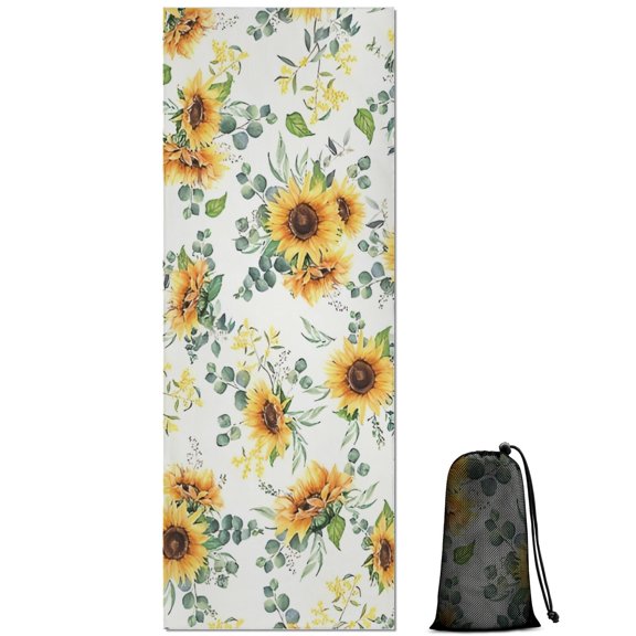 White Sunflower Green Leaf Pattern Hot Yoga Mat Towel Non Slip for Hot Yoga - Quick-Drying Yoga Mat Cover with 4 Corner Pockets with Travel Bag - Hot Yoga Towel Non Slip 70"x26"