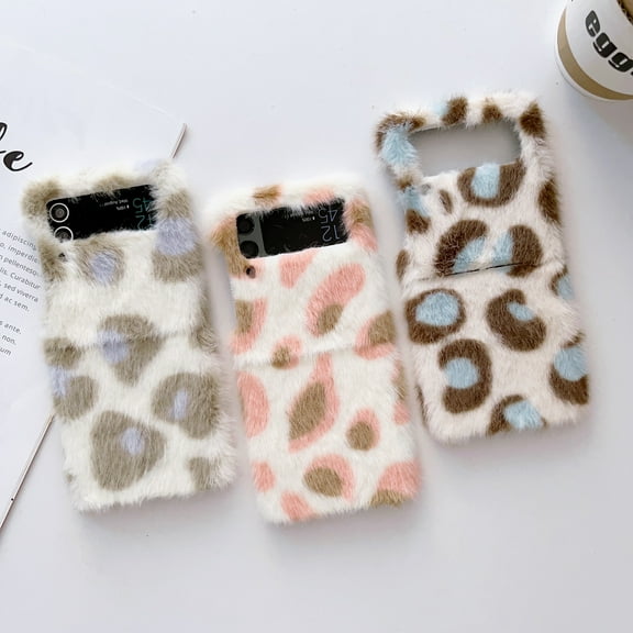 For Samsung Galaxy Z Flip4/Flip3 5G Phone Case，Shockproof Luxury Warm Mink leopard pattern Plush Case Cover,PC Slim Stand Cover