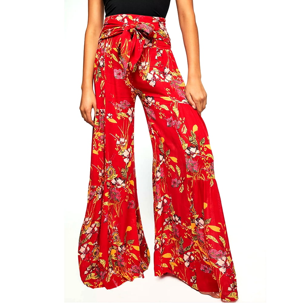 lace up printed flare leg pants