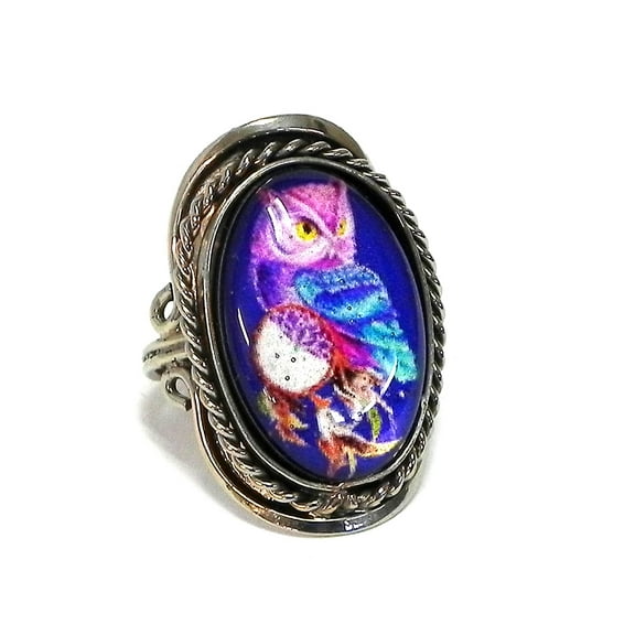 New Age Psychedelic Owl Graphic Oval Acrylic Cabochon Silver Metal Border Adjustable Ring - Womens Fashion Handmade Jewelry Boho Accessories