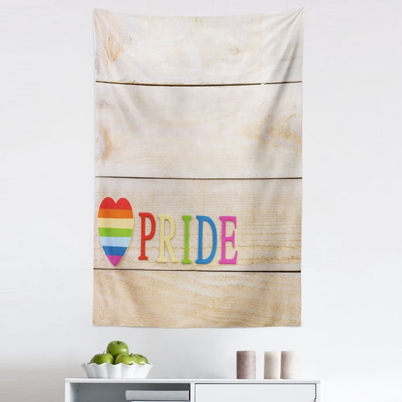 Pride Tapestry, Colorful Striped Heart Sign Love Passion Gay Lesbian Pride Theme with Wood Background, Fabric Wall Hanging Decor for Bedroom Living Room Dorm, 5 Sizes, Multicolor, by Ambesonne