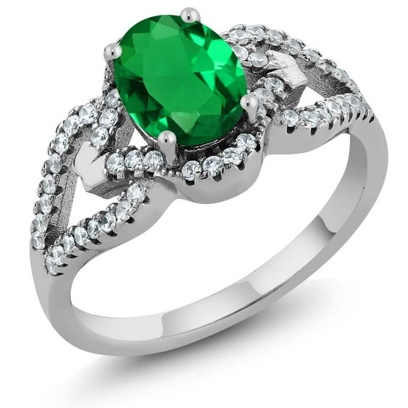 Gem Stone King 2.12 Cttw Green Simulated Emerald Ring for Women | 925 Sterling Silver | Oval 8X6MM | Wedding Engagement Anniversary Promise Ring for Women | Size 6