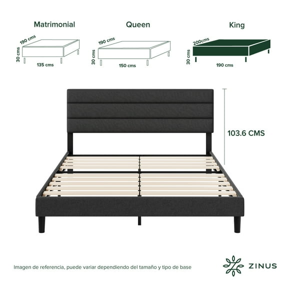 Base de Cama con Cabecera King Size Zinus Piper Tapizada Color Negro. Fácil Armado, para Todas las Edades.
